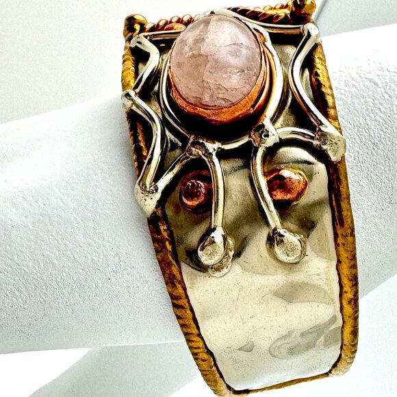 Handcrafted Bronze Copper Zinc Bracelet Genuine Rose Quartz Adjustable - Picture 10 of 14